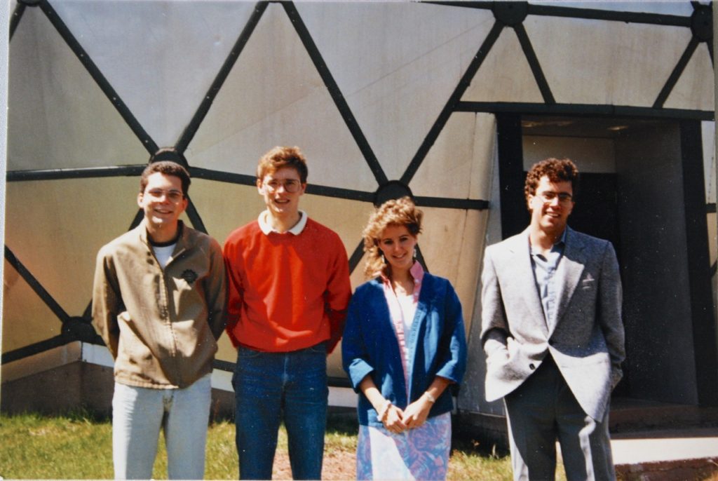 Planetarium staff in the summer of 1985. Left to right: David Yorston, David Brennan (Manager), Michelle Cottreau, David Wheeler. Photograph provided by Michelle Cottreau.