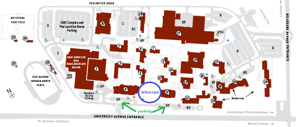 The viewing location will be near the University Avenue entrance to campus, somewhere in the grassy area between the W.A. Murphy Student Centre (building #4) and Kelly Memorial Building (building #11). Visitor parking is available nearby in the lots labelled "VP".