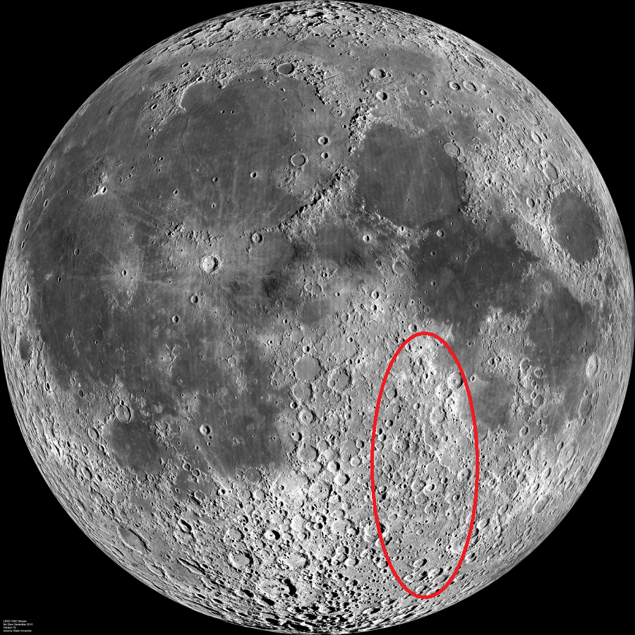 The area circled in red shows generally which craters were observed at the June 10 viewing. Moon image by LRO via Wikimedia Commons.