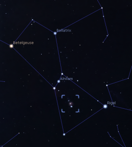 The location of the Orion Nebula is shown in the sword of Orion within the square (screenshot from Stellarium).